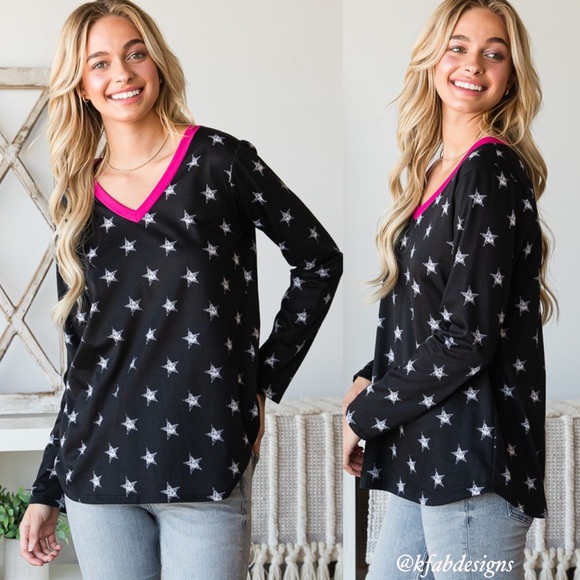 ❤️LAST 1! So Soft! V Neck Hot Pink Contrast Soft Faded Star Top! - Picture 11 of 12